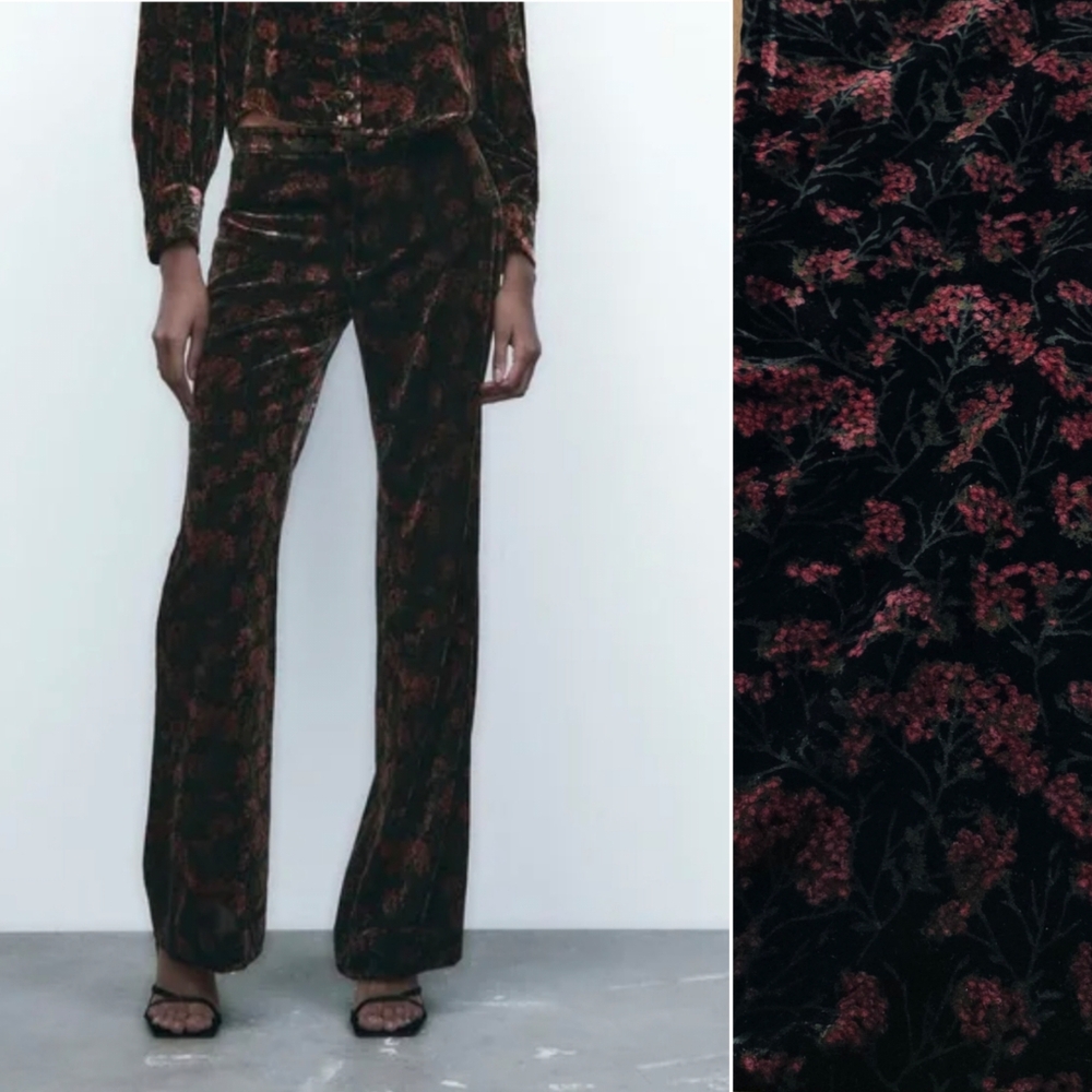Zara‎ Charlotte Floral Velvet Flare Printed Red Black Pants Size XS NWT